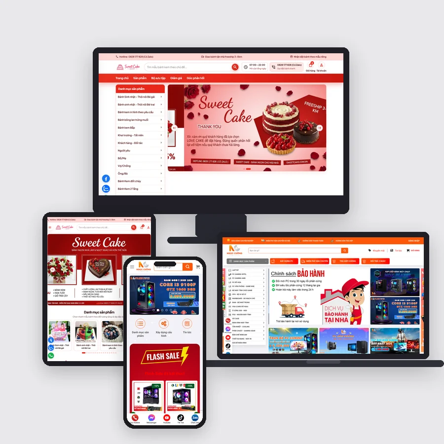 Website bán hàng hiển thị trên màn hình rời, laptop, tablet và điện thoại