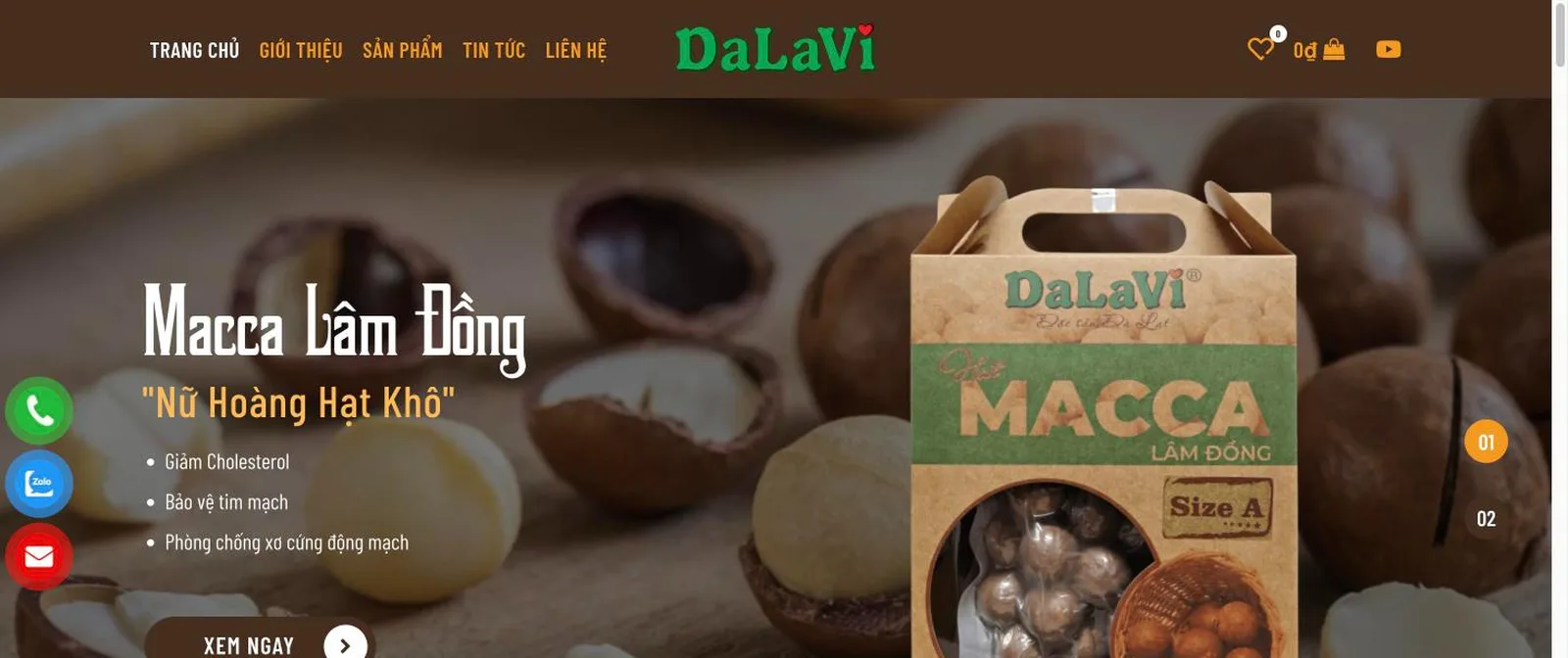 Mắc ca Lâm Đồng DaLaVi: website hạt dinh dưỡng với giao diện nâu ấm và hình ảnh sản phẩm thật